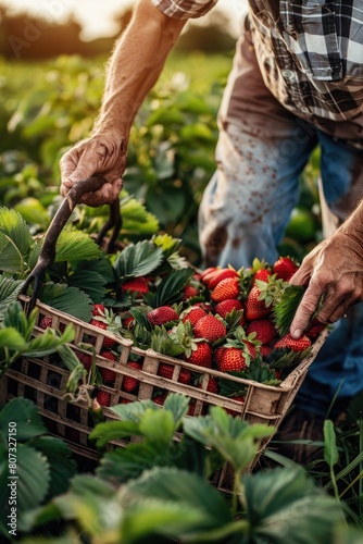 close-up of a farmer picking strawberries
