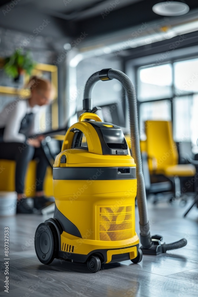 Professional cleaners using vacuum in spacious office with employees in the background