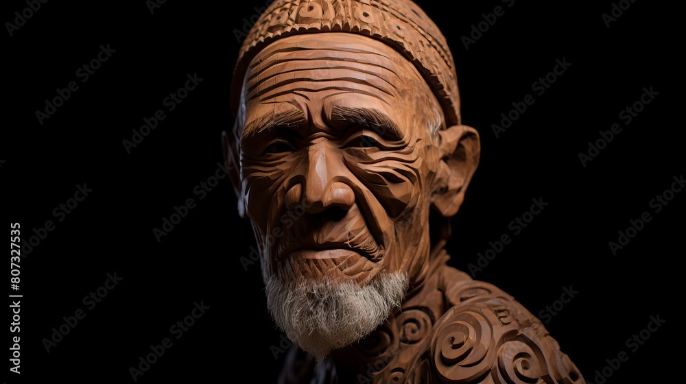 Intricate wooden carving of an elderly man with a long beard and detailed facial features