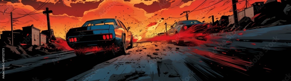 Fototapeta premium speeding muscle car on a post-apocalyptic road at sunset