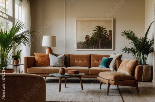 Inviting Living Room Warm Colored Furniture , couch and chair in a living room,  bay window, apartment © aitricho