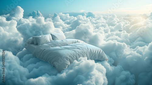 Tranquil and cozy bed nestled among gentle fluffy clouds, portraying a dreamy and perfect environment for relaxation and sleep photo