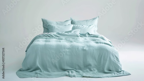 Tranquil modern bedroom with a comfortable bed dressed in pale turquoise linens, shot in studio setting on an isolated white backdrop photo
