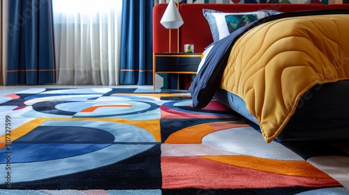 Vibrant close-up portrait showcasing a beautifully designed graphic pattern carpet in a chic modern bedroom setting
