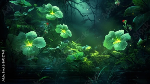 Enchanting forest with glowing green flowers