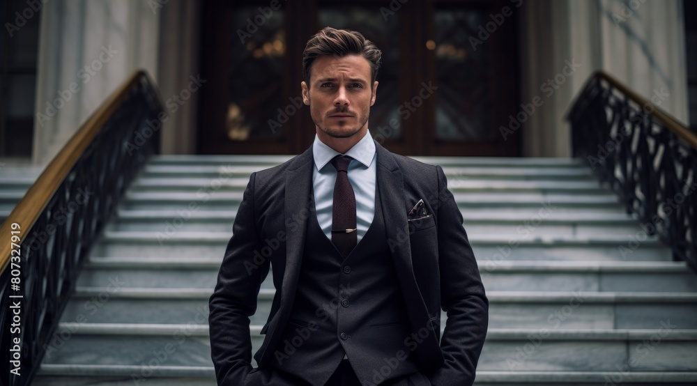 Confident businessman in suit standing on steps Confident businessman in suit standing on steps
