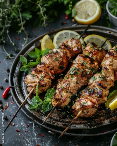 Juicy grilled chicken skewers served on a dark plate, garnished with fresh lemon slices and herbs, perfect for a savory meal.