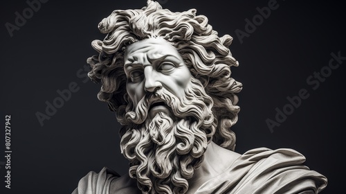 Dramatic stone sculpture of a bearded man with flowing hair
