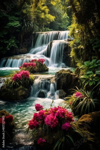 Lush tropical waterfall with vibrant flowers