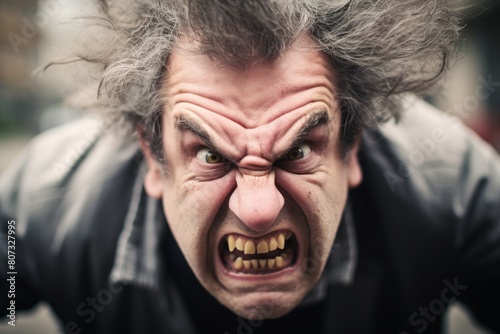 Angry man with wild hair making a scary face