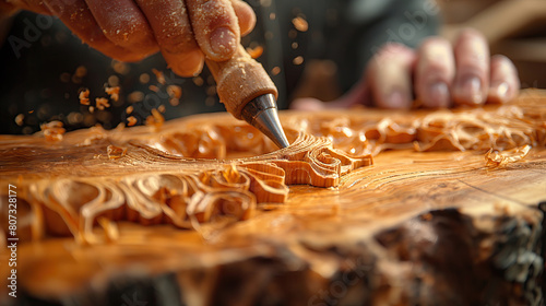 Close-up image of a woodcarver's hands using a chisel to shape intricate designs into a wooden surface, with wood shavings curling around the tool in a warm, sunlit workshop. photo
