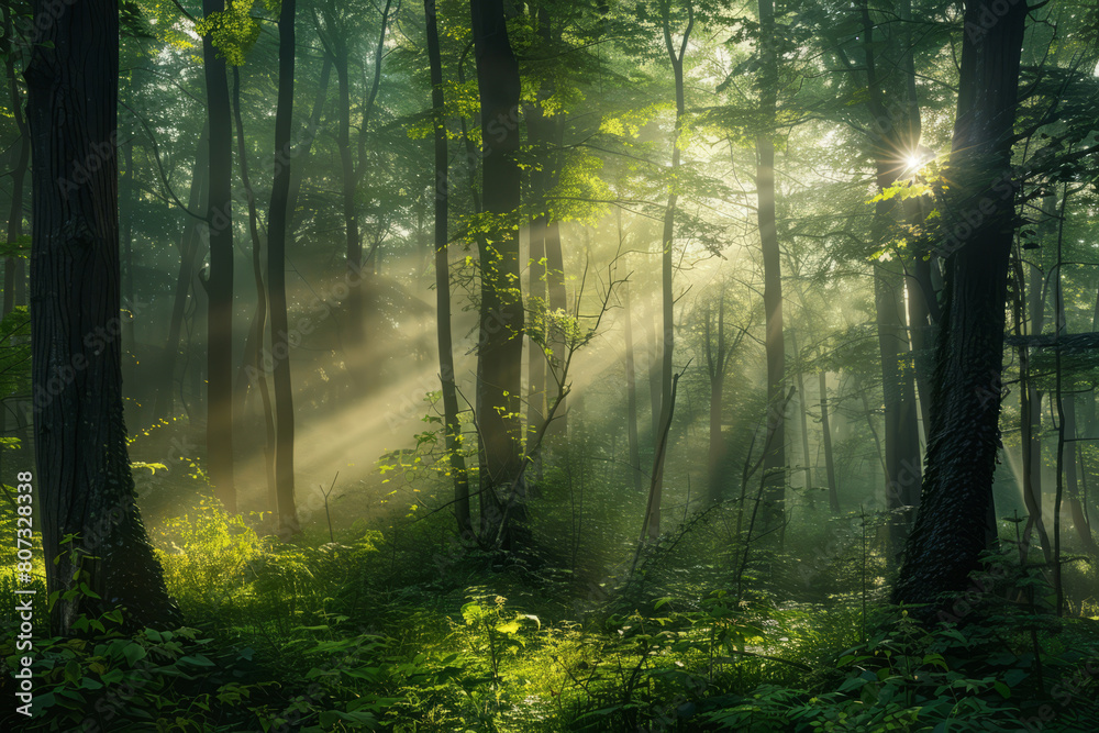 Magical foggy forest. Beautiful scene misty forest with sun rays and fog