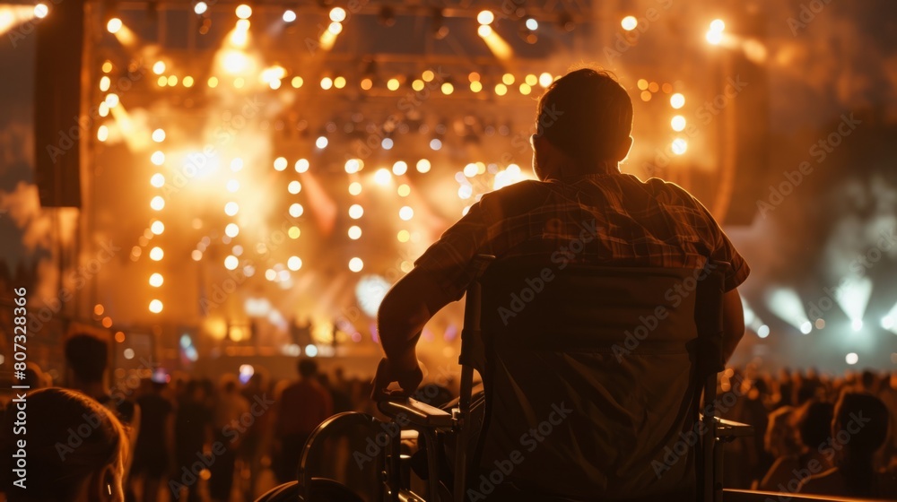 A man in a wheelchair sits watching colorful fireworks illuminating the night sky. A man in a wheelchair sits watching colorful fireworks illuminating the night sky.