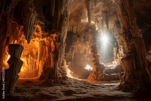 Dramatic underground cave with glowing stalactites