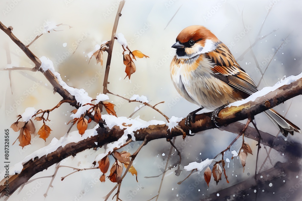 Fototapeta premium Sparrow on a snowy branch, soft whites and browns