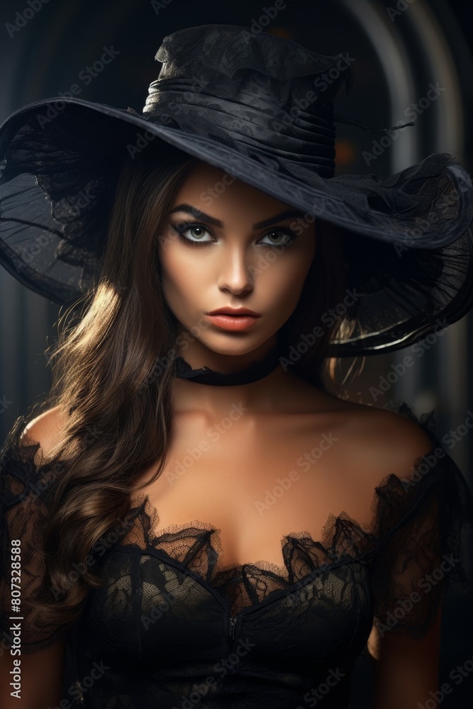 Mysterious woman in black lace dress and hat Mysterious woman in black lace dress and hat