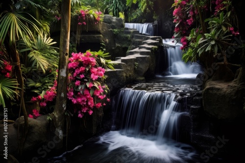 Tropical waterfall in lush jungle garden