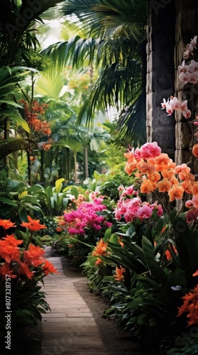 Vibrant tropical garden with lush foliage and colorful flowers
