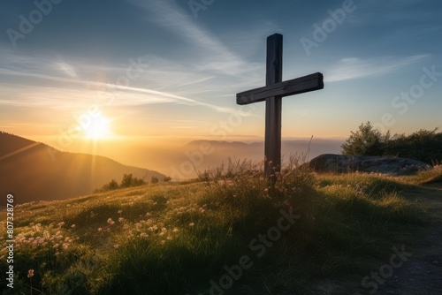 Wooden cross on a hilltop at sunset