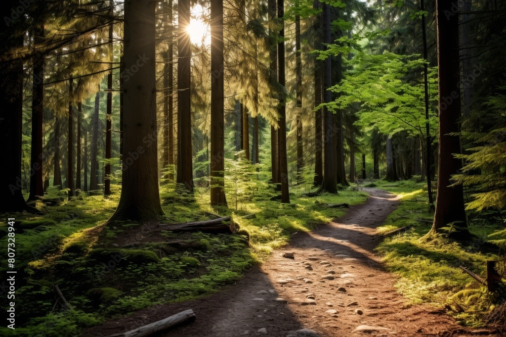 Obraz premium Serene forest path with sunlight streaming through the trees