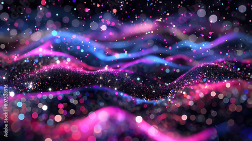 a dynamic and abstract display of glittery particles. The vibrant colors of pink, blue, and purple blend seamlessly