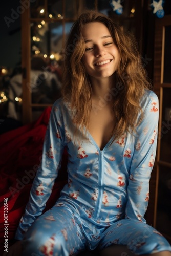 smiling woman in cozy floral pajamas