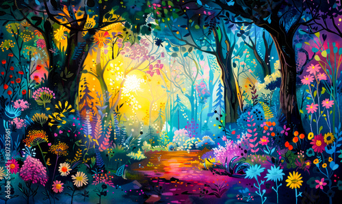 An enchanting depiction of a fairyland landscape, with a winding road pathway leading through a magical forest adorned with sparkling enchantments and mystical creatures. photo