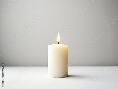 White background with white thin wax candle with a small lit flame for funeral grief death dead sad emotion with copy space texture for display 