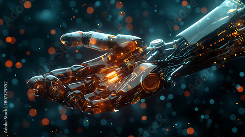 a highly detailed and illuminated robotic hand set against a dark, starry background