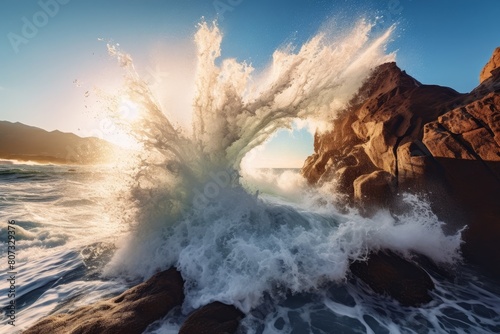 Powerful ocean wave crashing against rocky coastline