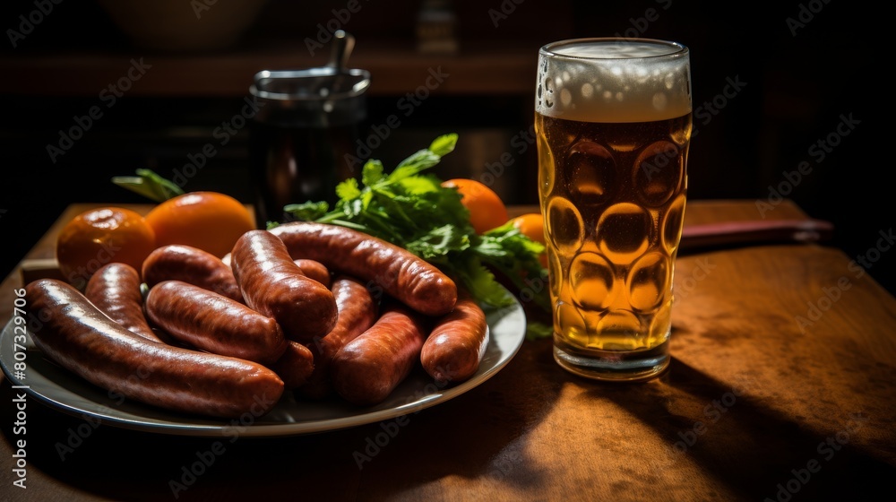 Grilled sausages and beer on a wooden table Grilled sausages and beer on a wooden table