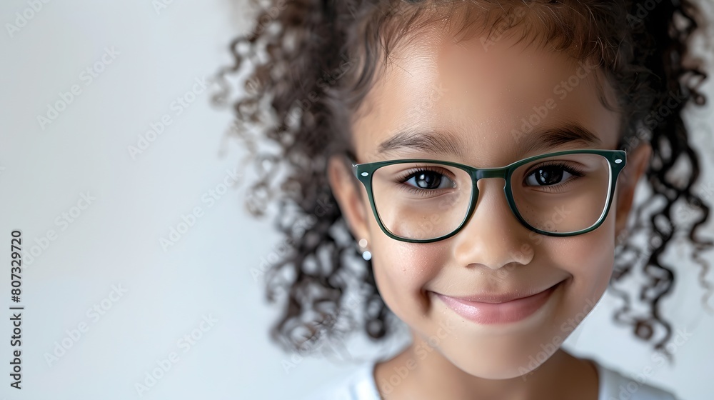 Smiling young girl with curly hair wearing glasses on a white background. Portrait of a happy child. Perfect for educational content. AI Smiling young girl with curly hair wearing glasses on a white background. Portrait of a happy child. Perfect for educational content. AI