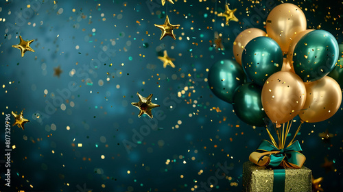 Celebration party banner background with green, gold white balloons, carnival, festival or birthday balloon green background