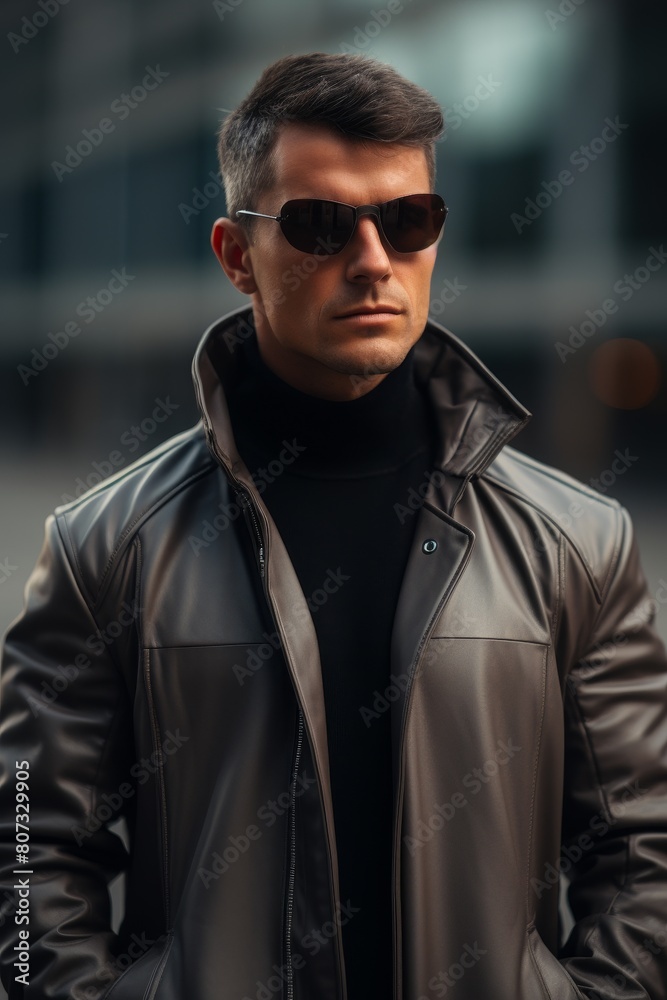 Obraz premium Mysterious man in sunglasses and leather jacket