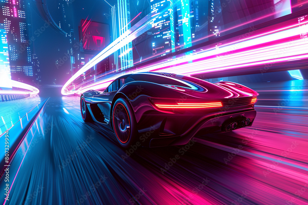 Rear view of futuristic car with motion speed neon light Rear view of futuristic car with motion speed neon light