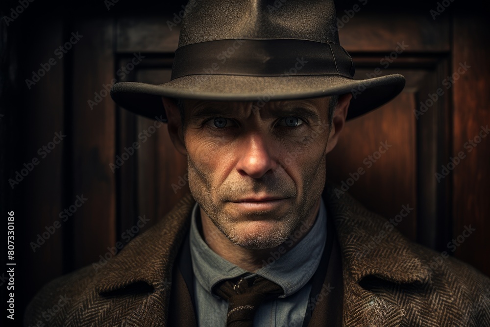 Serious man in hat and coat looking intently Serious man in hat and coat looking intently