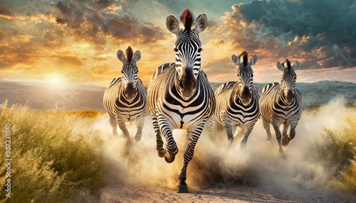 cebras corriendo a la puesta del sol