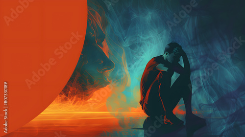 Background with the concept of a man sitting despondently or crying, expressing fear of his own shadow, overwhelmed with excessive anxiety, and restlessness. Detailed concept of anxiety disorder photo