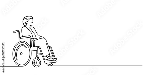 Continuous one line drawing of senior woman in wheelchair graphic design. Single line art illustration on transparent background