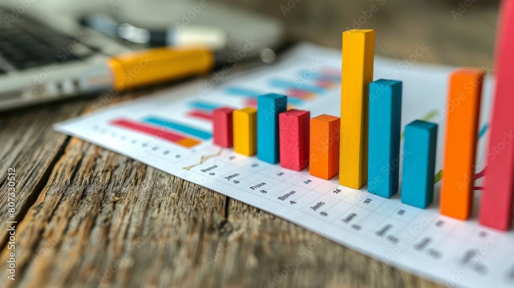 Vibrant 3d bar graph displaying success comparison on printed chart, with a laptop in the backdrop Vibrant 3d bar graph displaying success comparison on printed chart, with a laptop in the backdrop