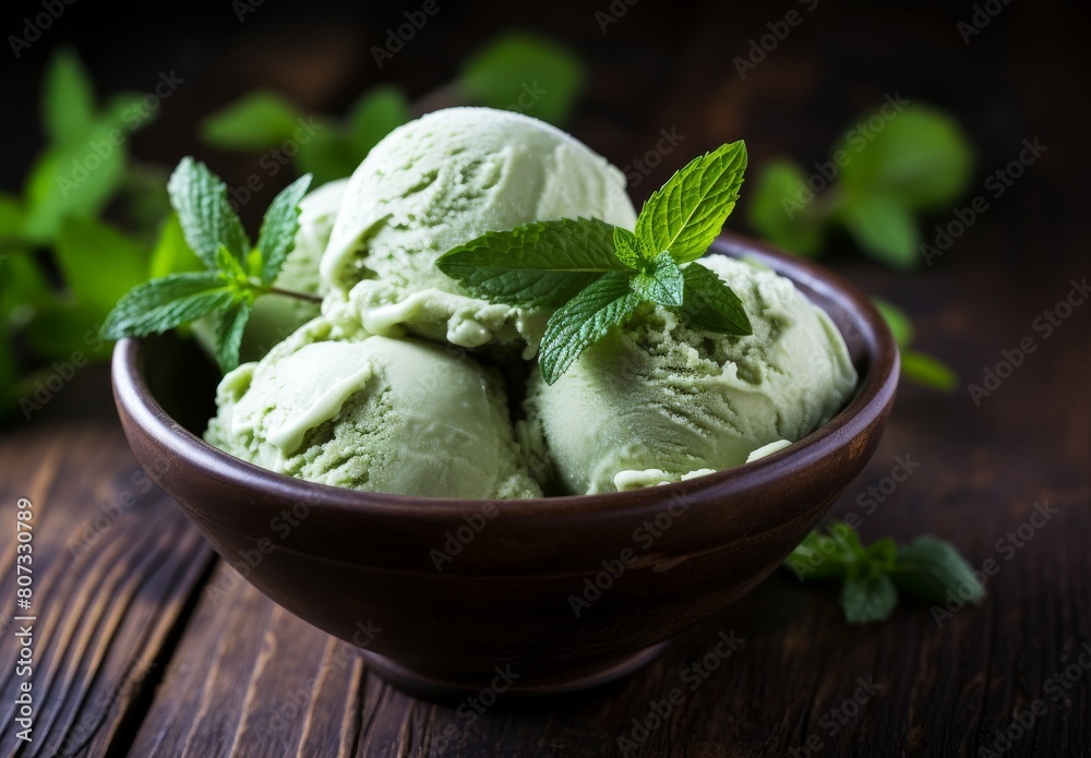 Delicious homemade mint ice cream in a bowl