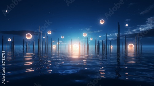 Surreal underwater cityscape at night with glowing orbs