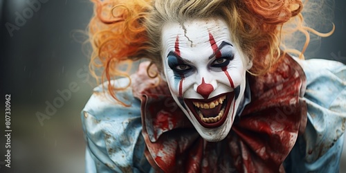 Creepy clown with red hair and makeup