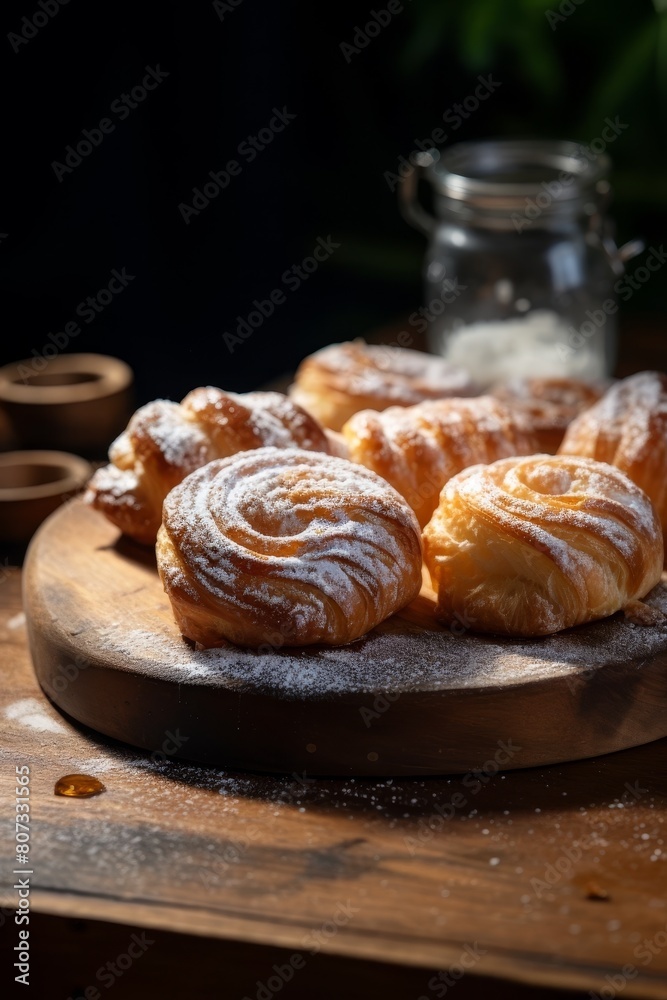 Delicious freshly baked pastries on wooden board Delicious freshly baked pastries on wooden board