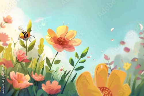 Colorful flowers and a busy bee in a scenic field. Perfect for nature and gardening concepts