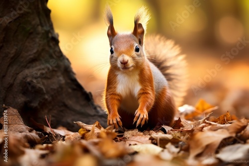Curious squirrel in autumn leaves