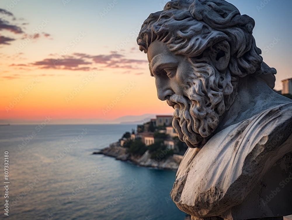 ancient greek statue overlooking scenic sunset coastline