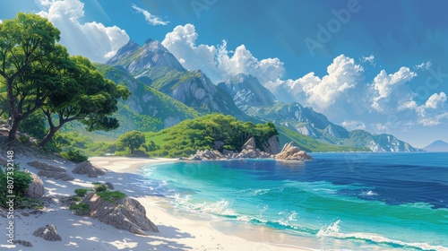 Paradise beach seascape modern illustration.