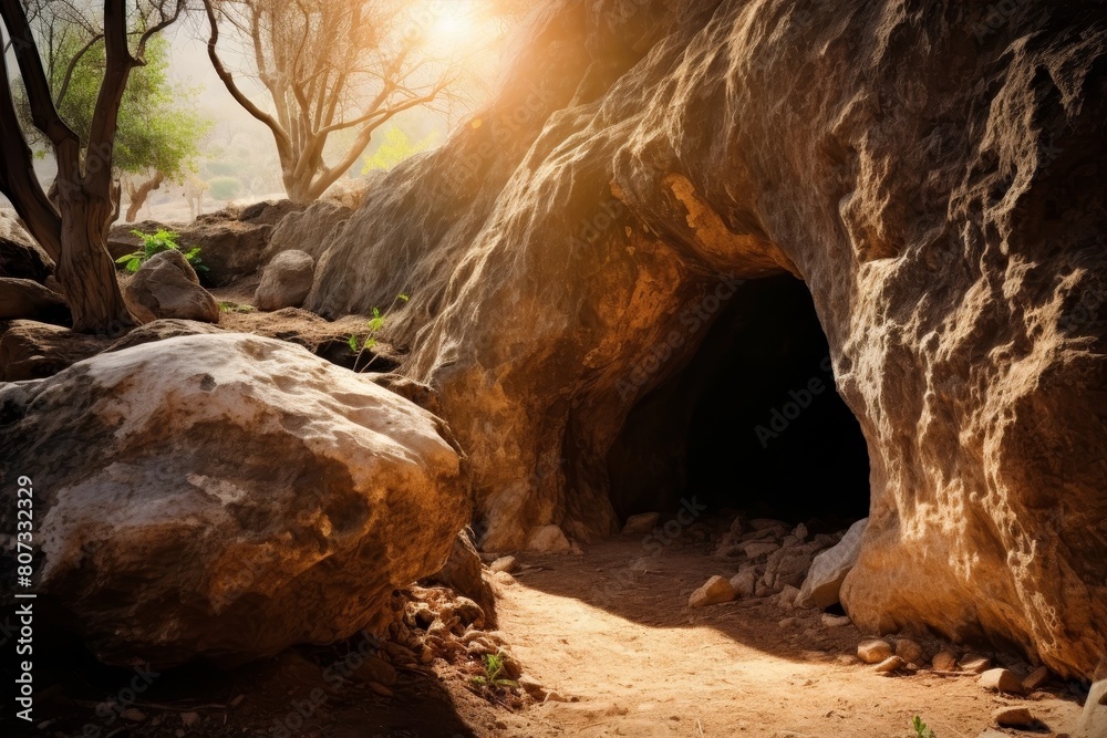 Scenic view of a natural cave entrance with sunlight streaming in