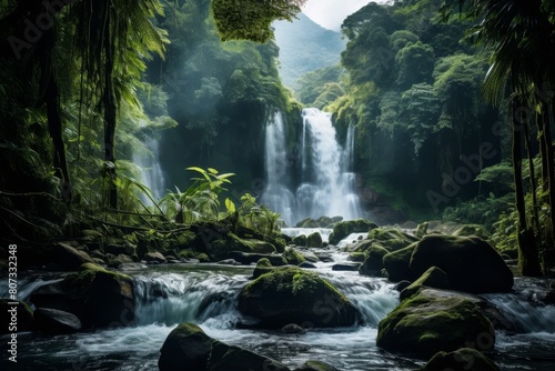Lush tropical waterfall in a verdant forest